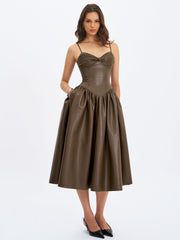 Parisia Cocoa Vegan Leather Drop Waist Midi Dress