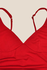 V-neck Red High Slit Ruched Long Dress