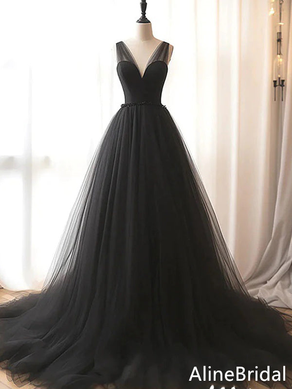 Elegant V-neck Black A-line Long Prom Dress, Evening Dress, PD37782