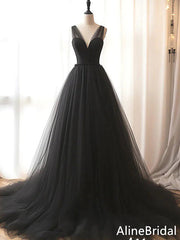 Elegant V-neck Black A-line Long Prom Dress, Evening Dress, PD37782