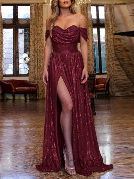 Sexy Burgundy Glitter Off Shoulder High Slit Prom Dress-Fitted Mermaid Evening Gown, PD3610