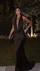 Sexy Black Halter V-neck Backless Mermaid Prom Dress, Evening Gown, PD3659