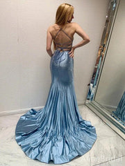 Sparkly Blue V-neck Backless Spaghetti Strap Mermaid Long Prom Dress, PD37844