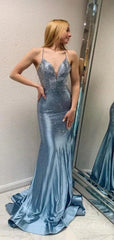 Sparkly Blue V-neck Backless Spaghetti Strap Mermaid Long Prom Dress, PD37844