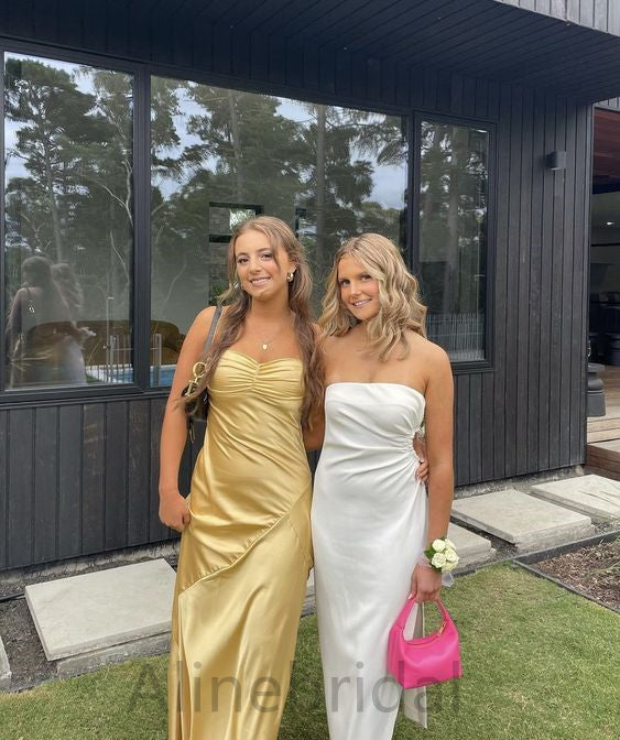 Minimalist Yellow Strapless Long Prom Dress with Slit, PD3742