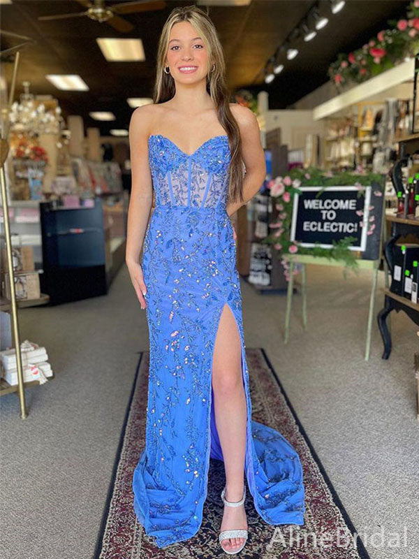 Elegant Strapless Lace-Up Back Blue Mermaid Long Prom Dress, Evening Dress, PD37818
