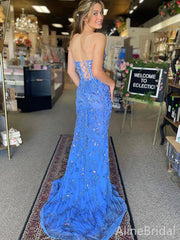 Elegant Strapless Lace-Up Back Blue Mermaid Long Prom Dress, Evening Dress, PD37818