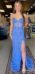 Elegant Strapless Lace-Up Back Blue Mermaid Long Prom Dress, Evening Dress, PD37818
