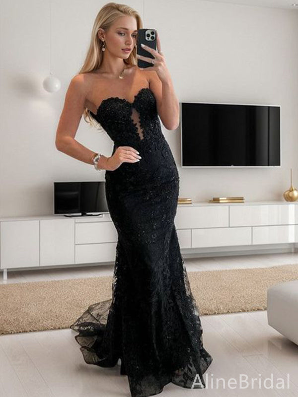 Elegant Black Lace Applique Prom Dress with Tulle Mermaid Tail-Strapless Evening Dress, PD37826