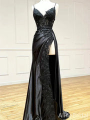 Sexy Black V-neck High Slit Sheath Long Prom Dress, Lace-Up Back Evening Dress, PD37860