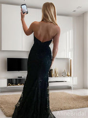 Elegant Black Lace Applique Prom Dress with Tulle Mermaid Tail-Strapless Evening Dress, PD37826