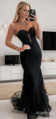 Elegant Black Lace Applique Prom Dress with Tulle Mermaid Tail-Strapless Evening Dress, PD37826
