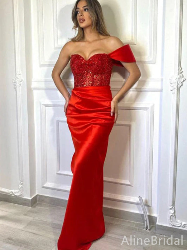 Sparkly Red Sequins One Shoulder Satin Mermaid Prom Dress-Strapless Evening Dress, PD37861