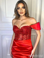 Sparkly Red Sequins One Shoulder Satin Mermaid Prom Dress-Strapless Evening Dress, PD37861
