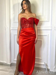 Sparkly Red Sequins One Shoulder Satin Mermaid Prom Dress-Strapless Evening Dress, PD37861