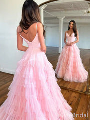 Stunning Pink Spaghetti Strap A-line Ruffle Tulle Prom Ball Gown, PD37871