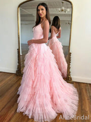 Stunning Pink Spaghetti Strap A-line Ruffle Tulle Prom Ball Gown, PD37871