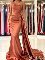 Elegant Burnt Orange One Shoulder Pleated  Mermaid Prom Dress with Train, PD37873