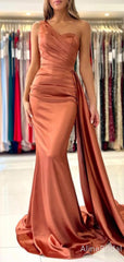 Elegant Burnt Orange One Shoulder Pleated  Mermaid Prom Dress with Train, PD37873