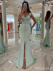 Elegant Mint Green Beaded Mermaid Prom Dress with Slit, PD37875