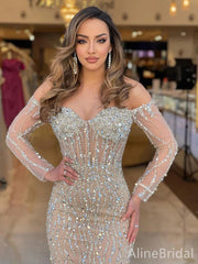 Glamorous Champagne Beaded Mermaid Prom Dress with Long Sleeves -Illusion Evening Gown, PD37879
