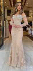Glamorous Champagne Beaded Mermaid Prom Dress with Long Sleeves -Illusion Evening Gown, PD37879