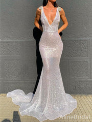 Sparkly Silver Deep V-neck Backless Mermaid Prom Dress-Sexy Holiday Party Dress, PD37893