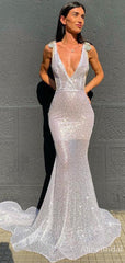 Sparkly Silver Deep V-neck Backless Mermaid Prom Dress-Sexy Holiday Party Dress, PD37893