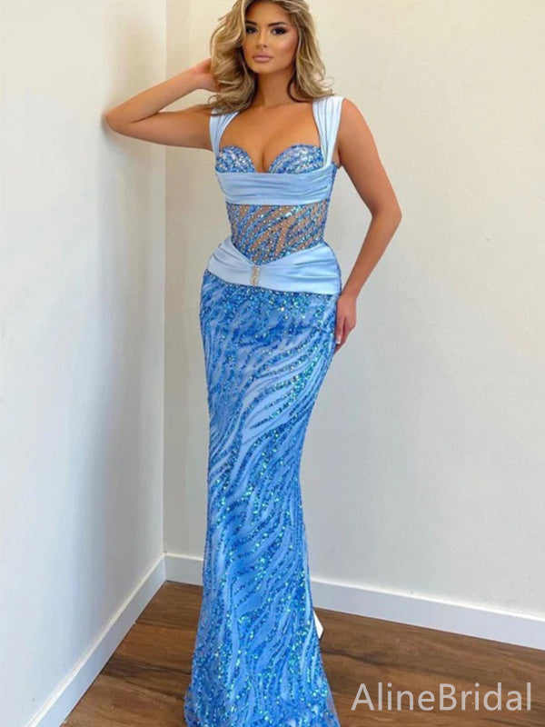 Gorgeous Blue Sequins Mermaid Prom DresS-Long Sweetheart Evening Dress, PD37895