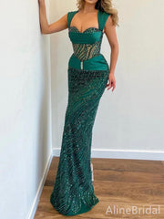 Sparkly Emerald Green Mermaid Prom Dress - Sequined Corset Evening Gown with Cap Sleeves, PD37896