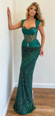 Sparkly Emerald Green Mermaid Prom Dress - Sequined Corset Evening Gown with Cap Sleeves, PD37896