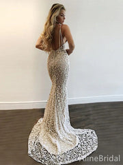 Vintage Ivory Lace Deep V-neck Spaghetti Strap Mermaid Prom Dress, Evening Dress, PD37899