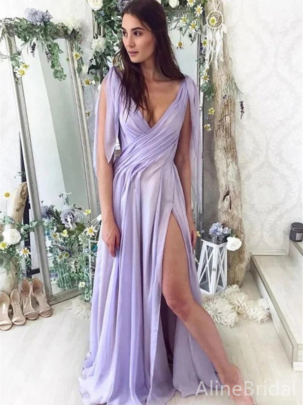 Elegant V-neck Purple A-line Long Prom Dress with Split,PD37902