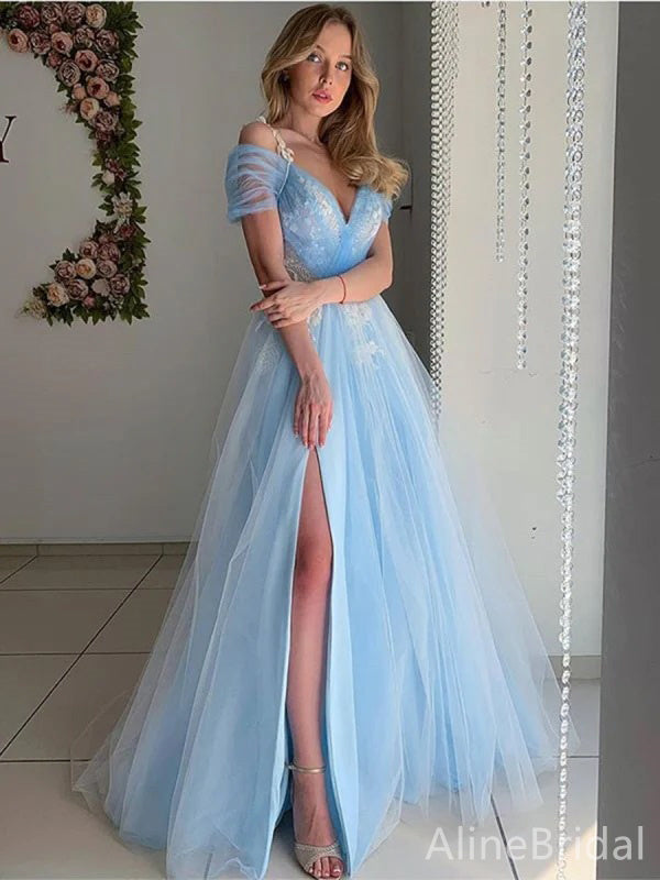 Elegant Blue Tulle Off the Shoulder  A-line Long Prom Dress with Slit, PD37904