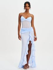Lacy Blue Ruched Breast High Slit Chiffon Dress