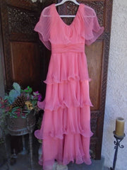 Elegant Pink Off the Shoulder Ruffled Tiered A-line Prom Dress, Evening Dress, PD3669