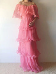Elegant Pink Off the Shoulder Ruffled Tiered A-line Prom Dress, Evening Dress, PD3669