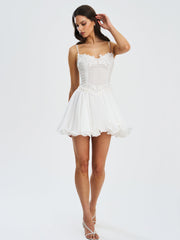 Fabiola Lace Trim Silver Net Top Mini Flare Chiffon Dress