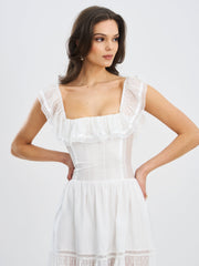Eden White Tencel Square Neck Ruffle Trim Midi Dress