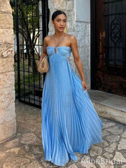 Unique Blue Pleated Halter A-line Prom Dress, Evening Dress, PD381986