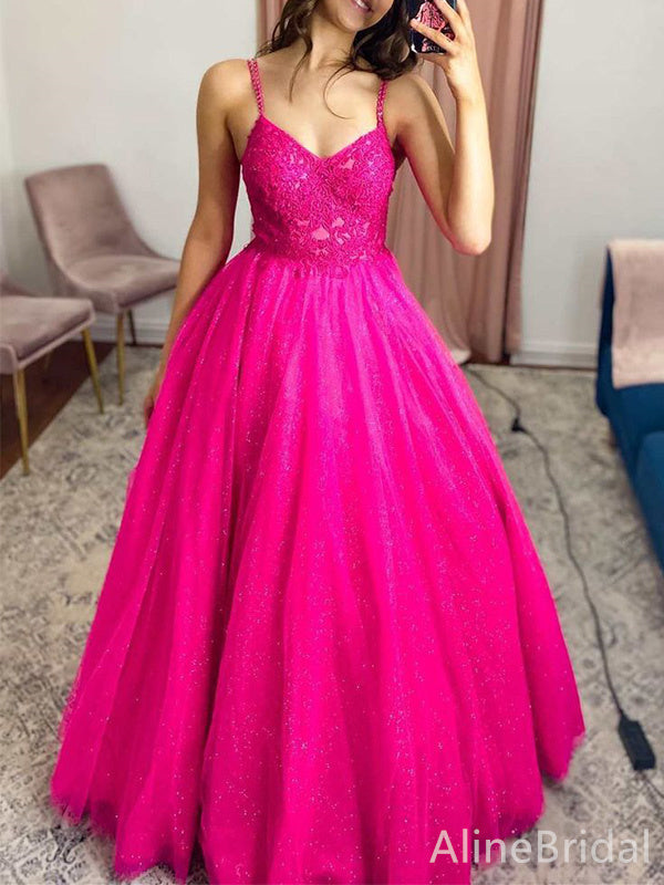 Elegant Pink Spaghetti Strap A-line Long Prom Dress with Lace Applique, PD37905