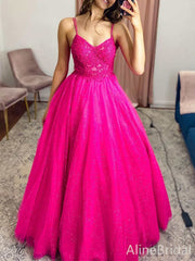 Elegant Pink Spaghetti Strap A-line Long Prom Dress with Lace Applique, PD37905