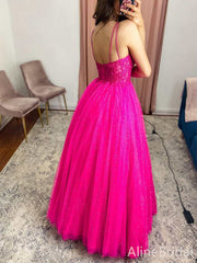 Elegant Pink Spaghetti Strap A-line Long Prom Dress with Lace Applique, PD37905