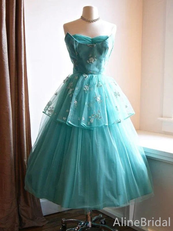 Gorgeous Blue Tulle Strapless A-line Long Prom Dress with Lace Appliques, Evening Dress, HD32710