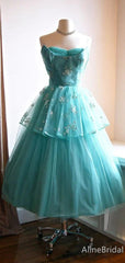 Gorgeous Blue Tulle Strapless A-line Long Prom Dress with Lace Appliques, Evening Dress, HD32710