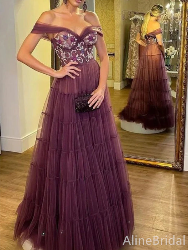 Elegant Floral Purple Off-Shoulder A-line Long Layered Tulle Evening Dress, PD37907