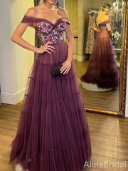 Elegant Floral Purple Off-Shoulder A-line Long Layered Tulle Evening Dress, PD37907