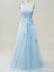 Pastel Blue One Shoulder Lace Appliques A-line Tulle Gow, Evening Dress, PD37912