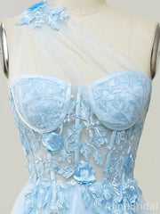 Pastel Blue One Shoulder Lace Appliques A-line Tulle Gow, Evening Dress, PD37912