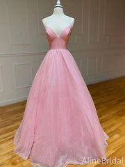 Elegant Pink Tulle V-neck A-line Long Prom Dress, PD37921